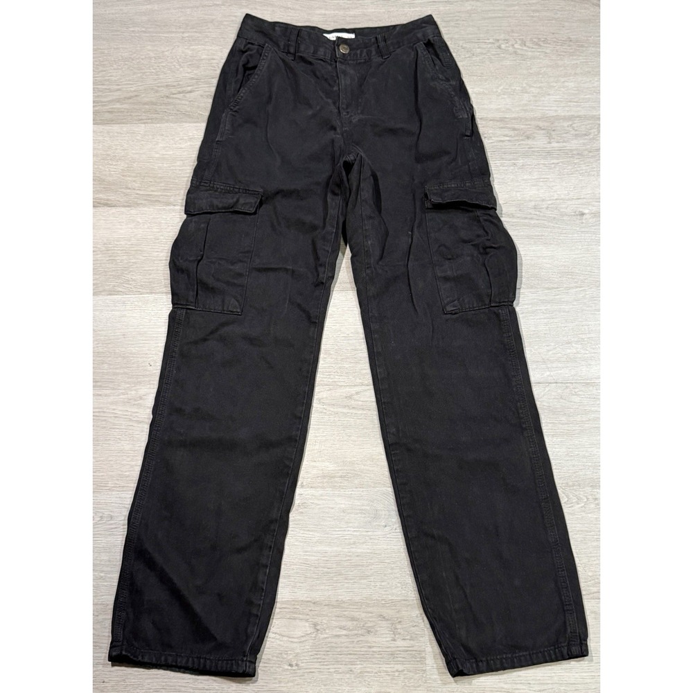 Pull&Bear Straight Leg Cargo Pants Women's Size 4 Black Baggy Workwear Utility
